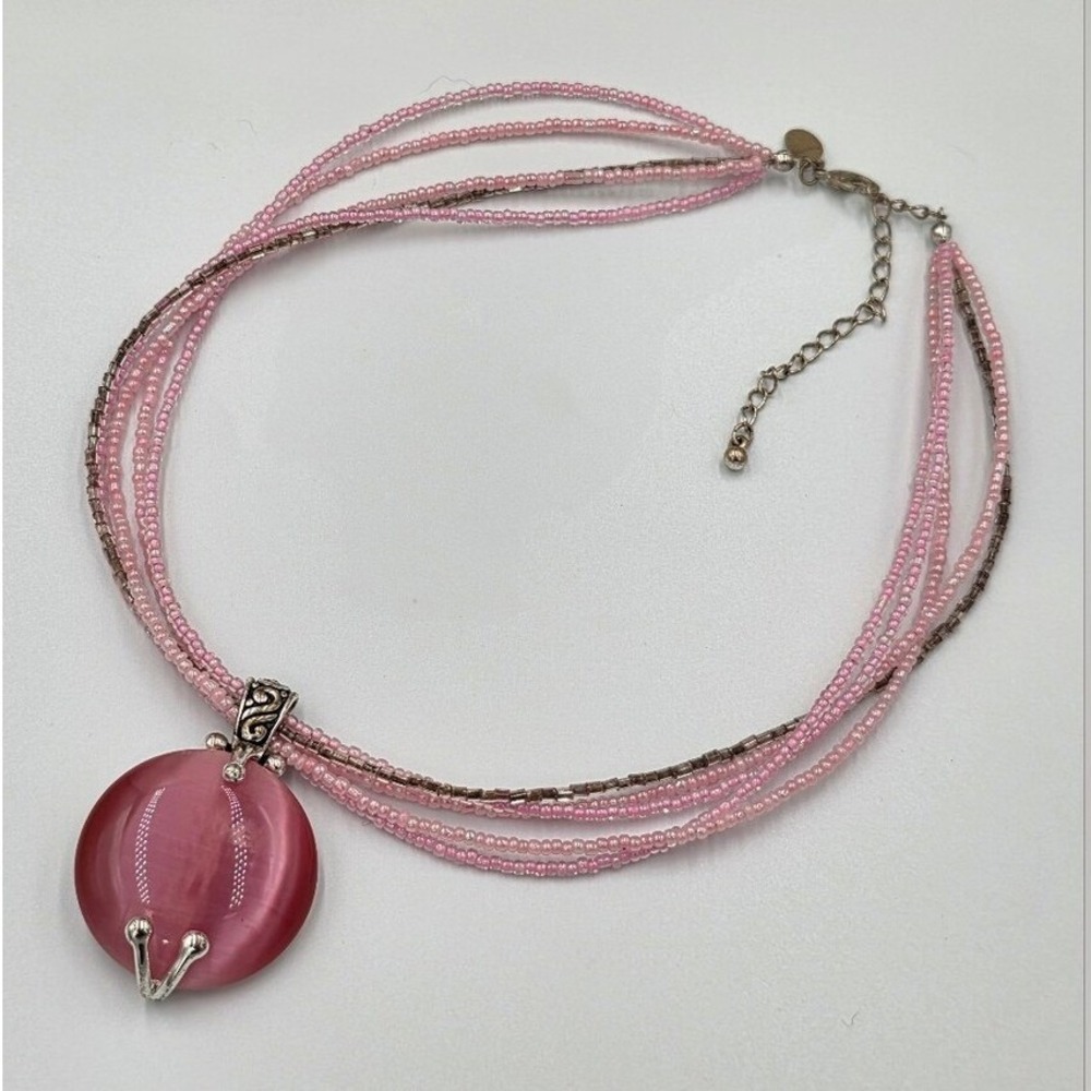 Premier Designs Pink‎ Beaded Multi-Strand Necklace with Round Pendant